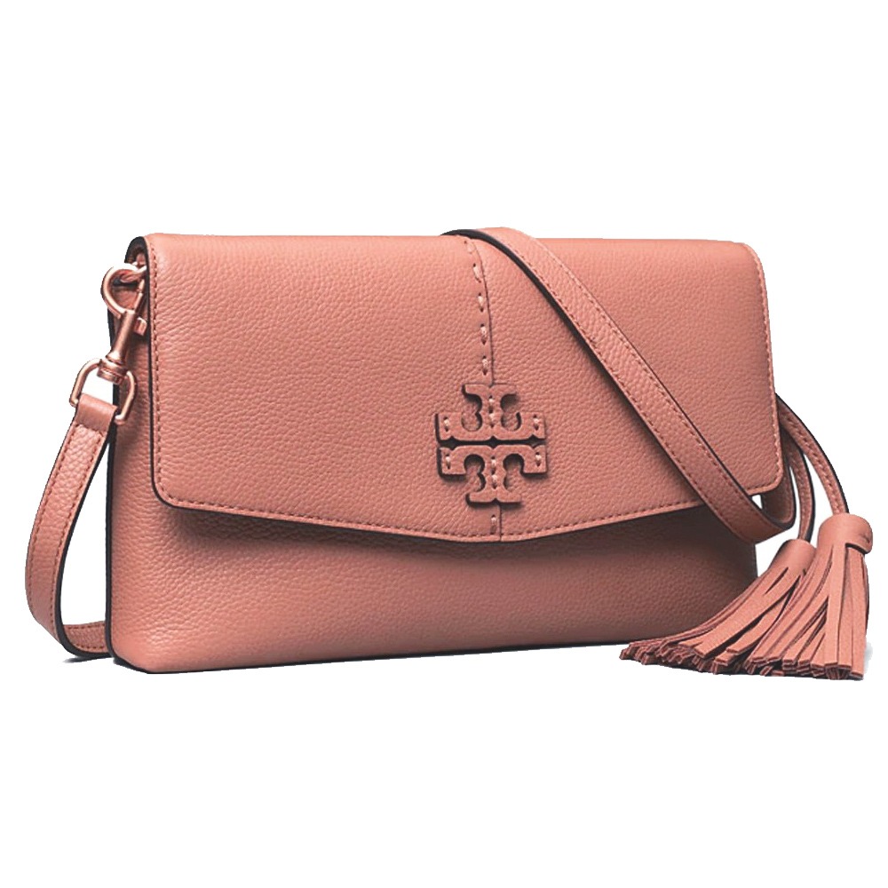 【Tory burch】素面皮革流蘇斜背包-粉-細節圖2