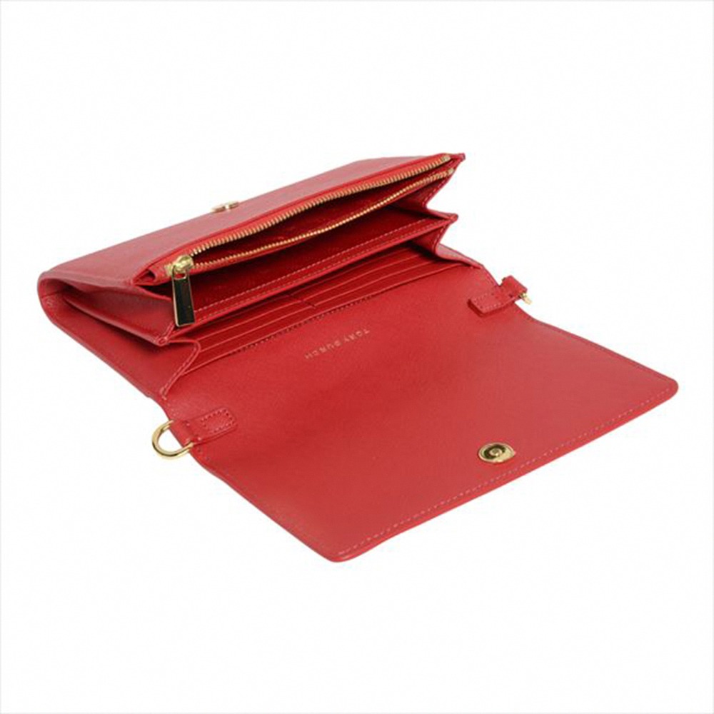 【Tory burch】雙T-LOGO防刮皮革翻蓋斜背包-紅-細節圖4