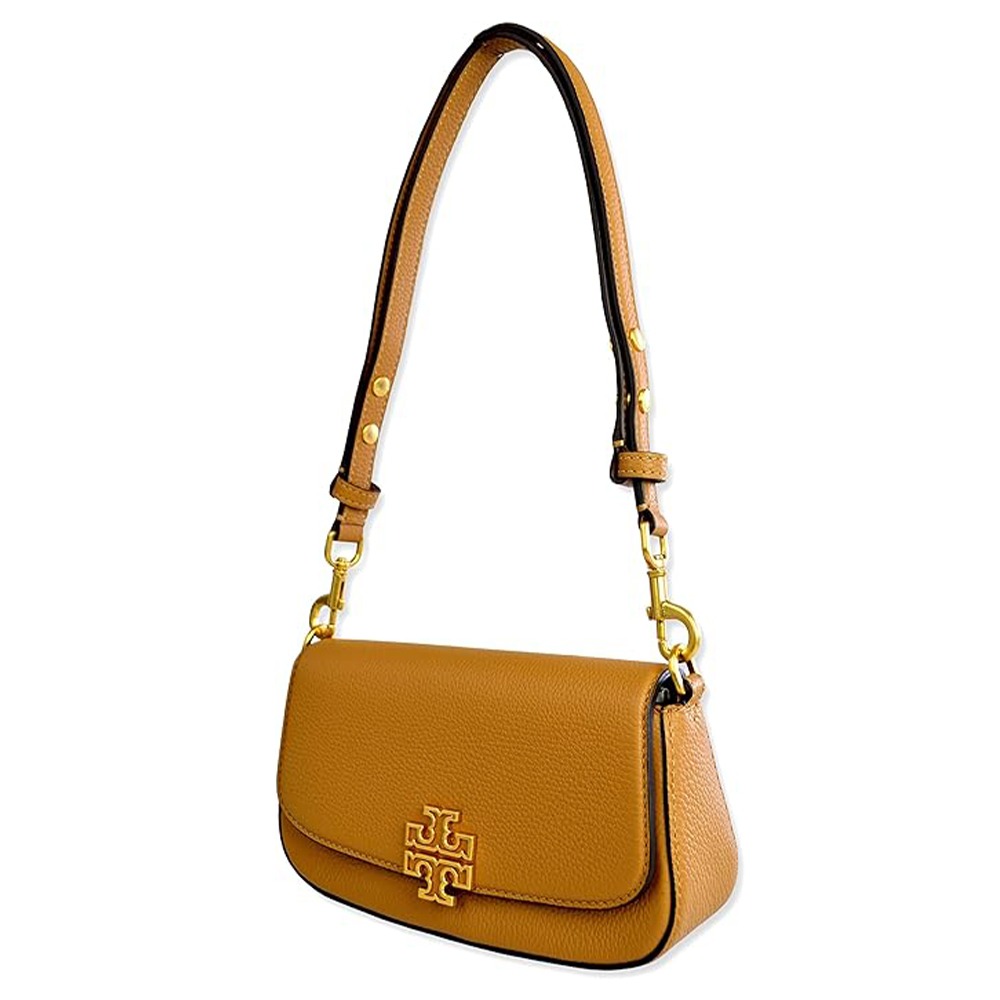 【TORY BURCH】雙T-LOGO皮革翻蓋斜背包-駝-細節圖2