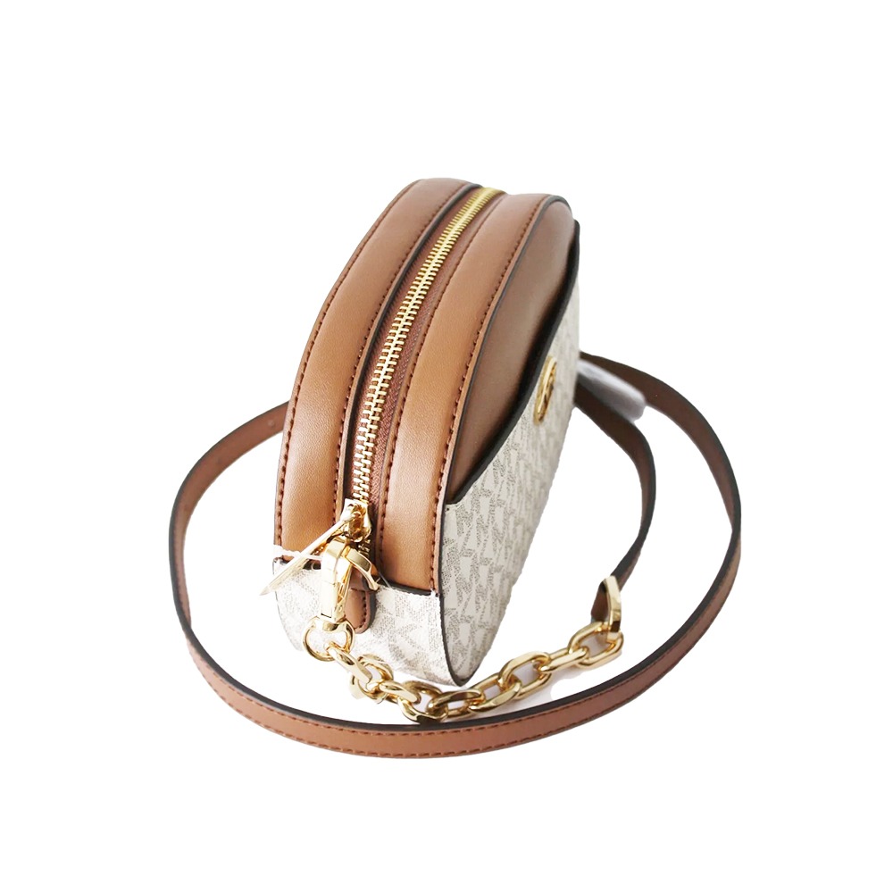 【MICHAEL KORS】滿版LOGO拼接皮革斜背包-白駝-細節圖2