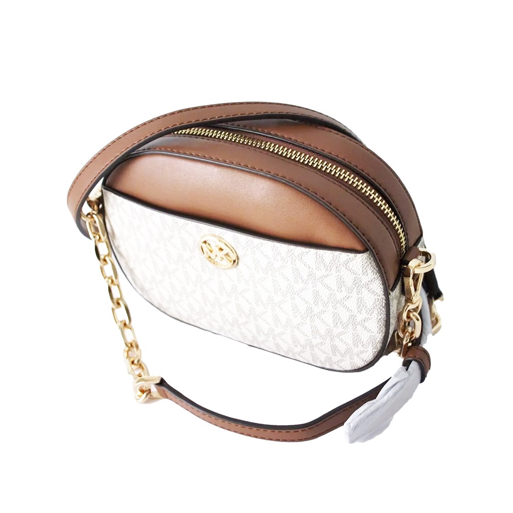 【MICHAEL KORS】滿版LOGO拼接皮革斜背包-白駝-細節圖3