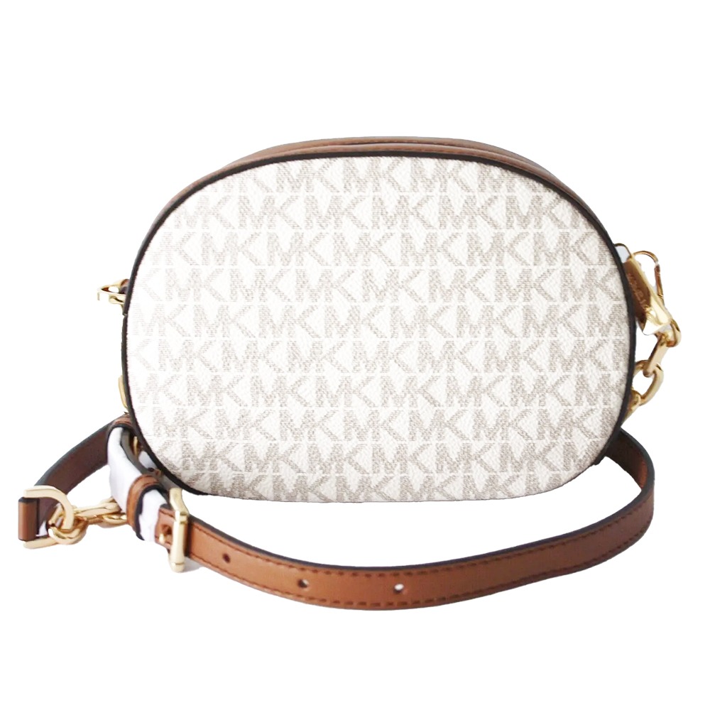 【MICHAEL KORS】滿版LOGO拼接皮革斜背包-白駝-細節圖4