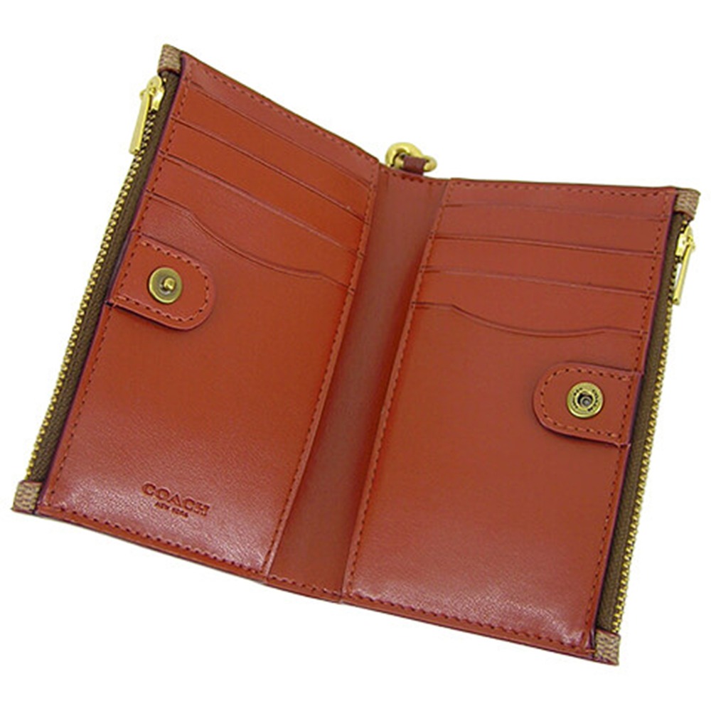 【COACH】滿版LOGO皮革卡夾零錢手拿鍊包-卡其老花-細節圖3