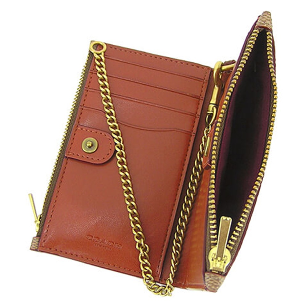 【COACH】滿版LOGO皮革卡夾零錢手拿鍊包-卡其老花-細節圖4