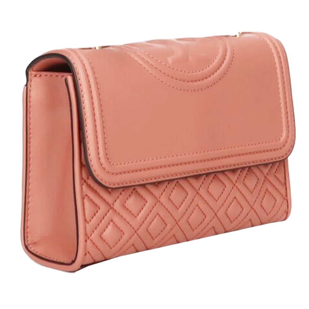 【TORY BURCH】格紋皮革翻蓋斜背包-淺粉桔-細節圖2