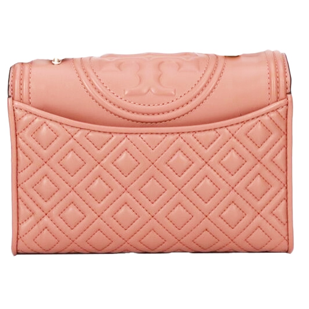 【TORY BURCH】格紋皮革翻蓋斜背包-淺粉桔-細節圖3