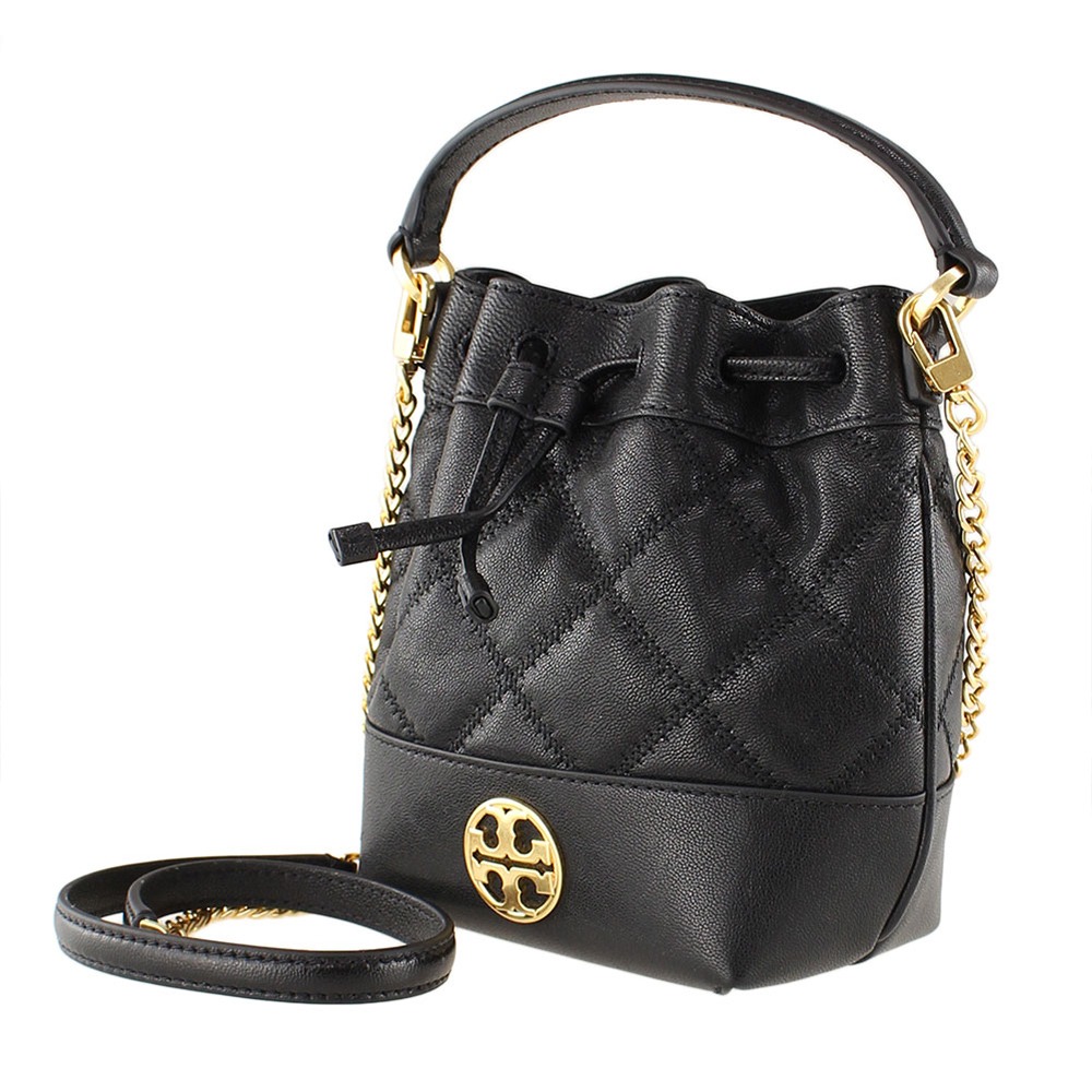 【TORY BURCH】菱格紋皮革迷你兩用水桶包-黑-細節圖2