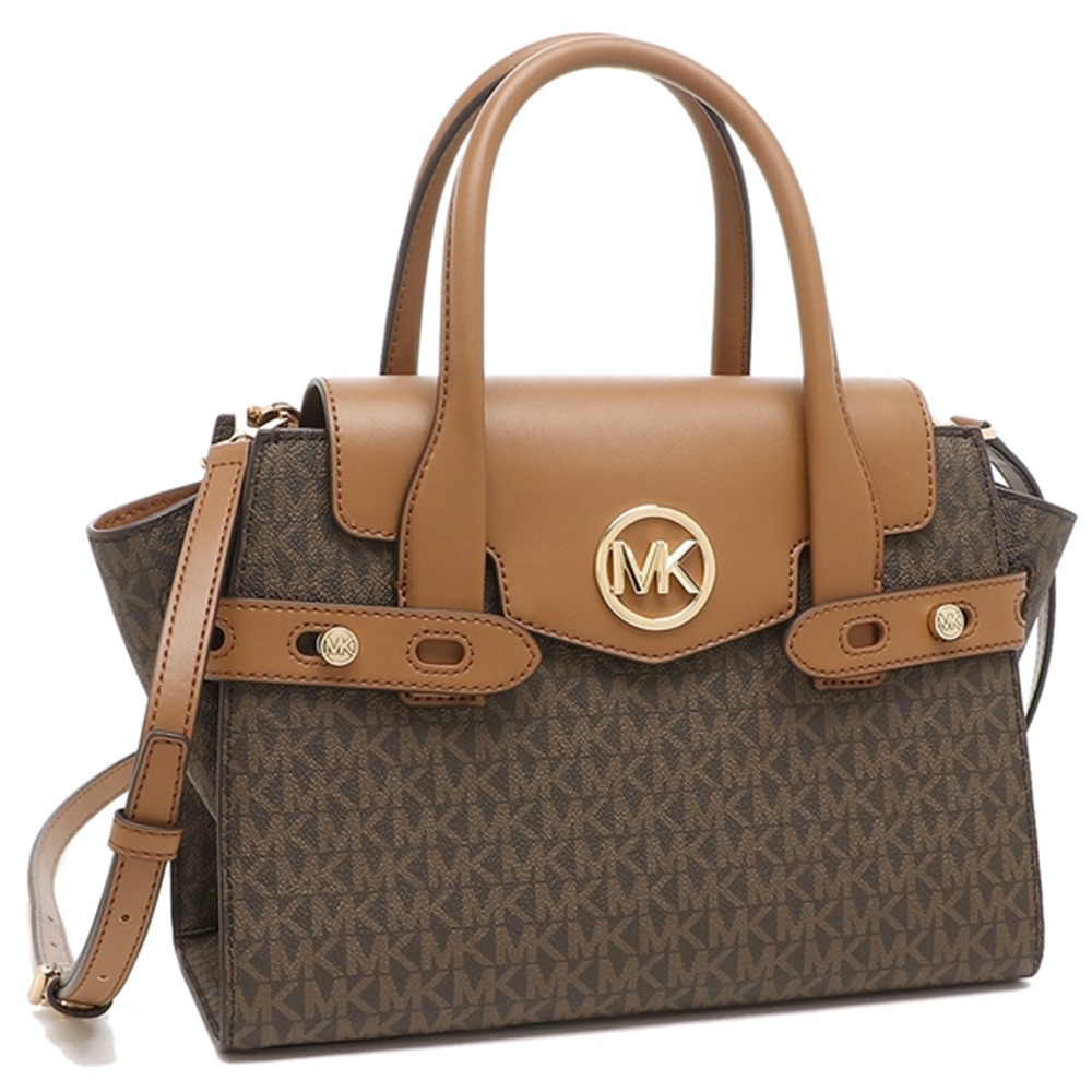 【MICHAEL KORS】滿版LOGO拼接皮革翻蓋兩用包-咖駝-細節圖2