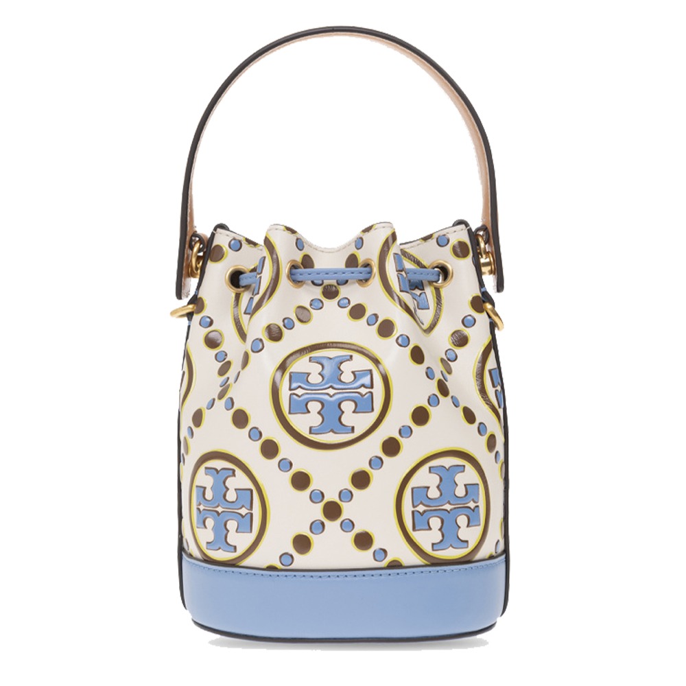 【TORY BURCH】印花拼接皮革水桶包-藍-細節圖3