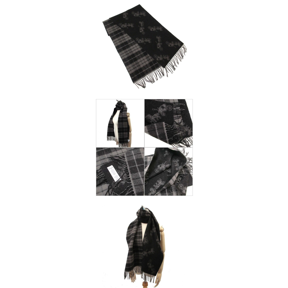 【COACH】雙面黑灰格紋經典馬車羊毛圍巾-細節圖2