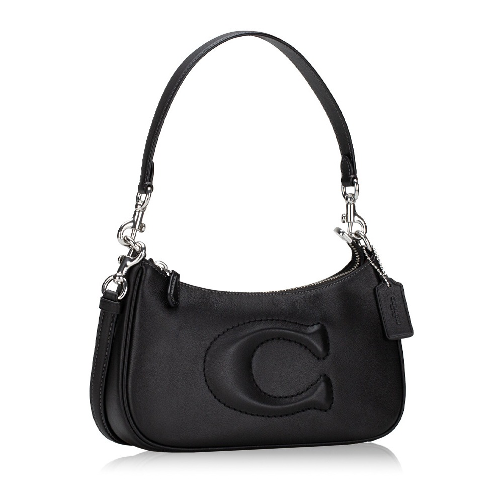 【COACH】縫線LOGO皮革半月包-黑色-細節圖2