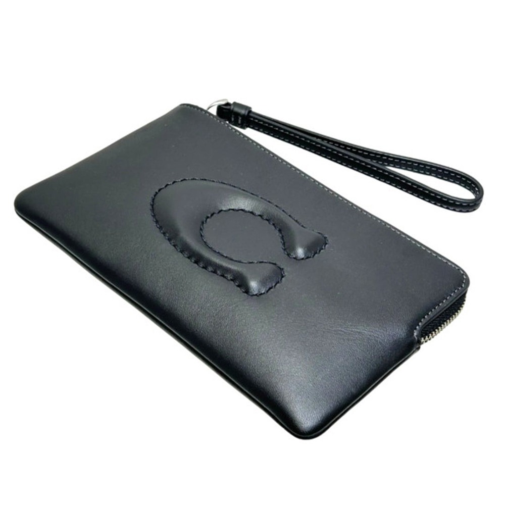 【COACH】縫線LOGO皮革手拿包-黑色-細節圖3