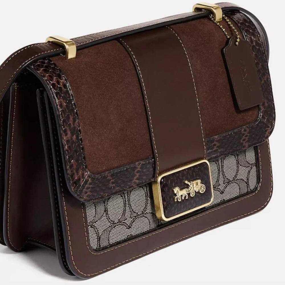 【COACH】老花蛇紋側背包-卡其咖啡色-細節圖4