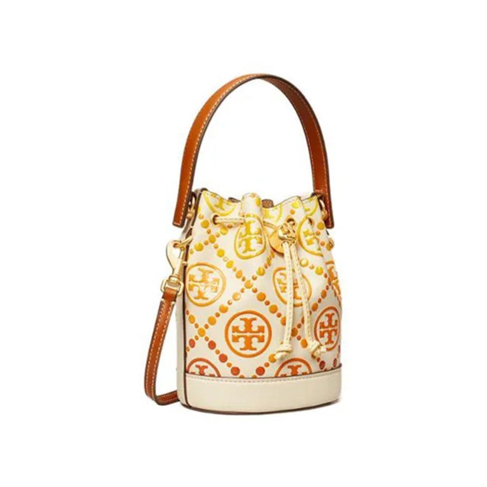 【TORY BURCH】雙T標誌水桶包-白底黃-細節圖2