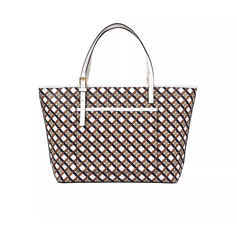 【TORY BURCH】格紋LOGO托特包-白色-細節圖2