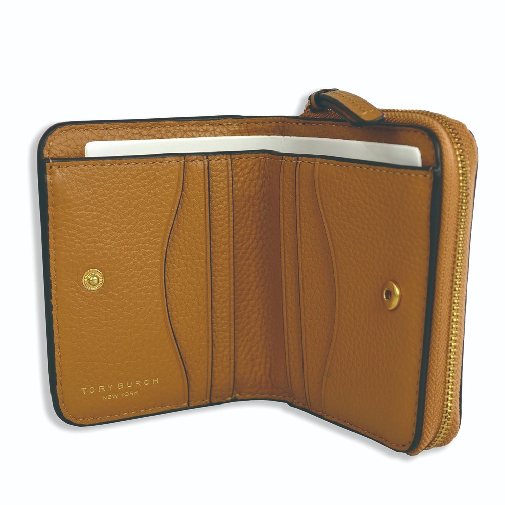 【TORY BURCH】牛皮皮革浮雕logo拉鍊短夾-駝-細節圖2