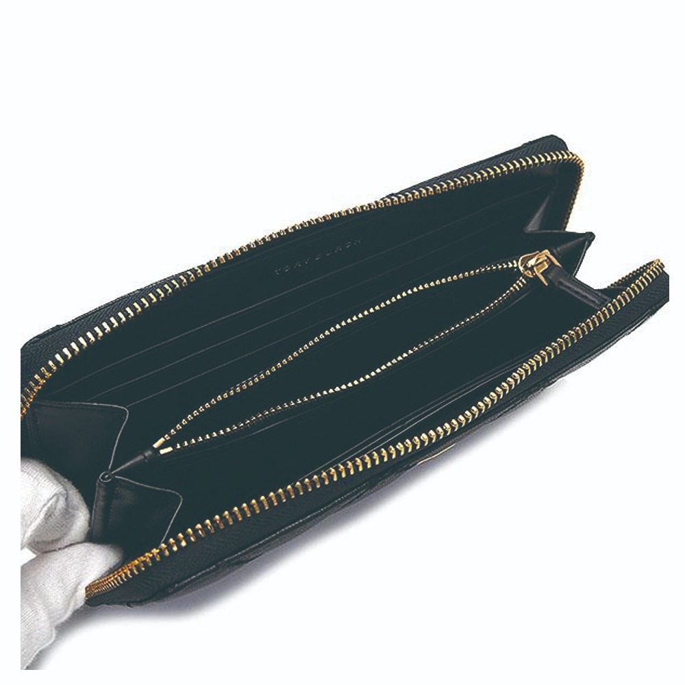 【TORY BURCH】羊皮皮革菱格紋質感拉鍊長夾-黑-細節圖2