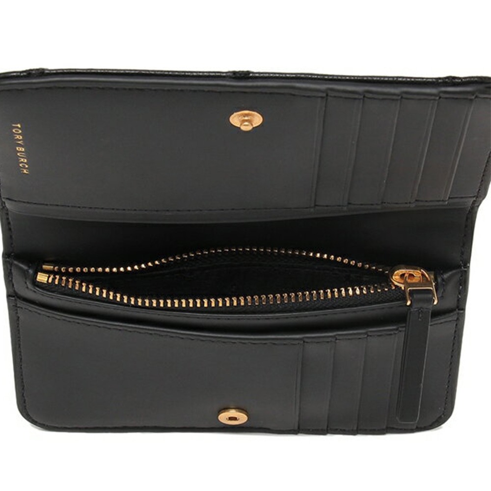 【TORY BURCH】菱格紋羊皮皮革金屬圓標LOGO中夾-黑-細節圖2