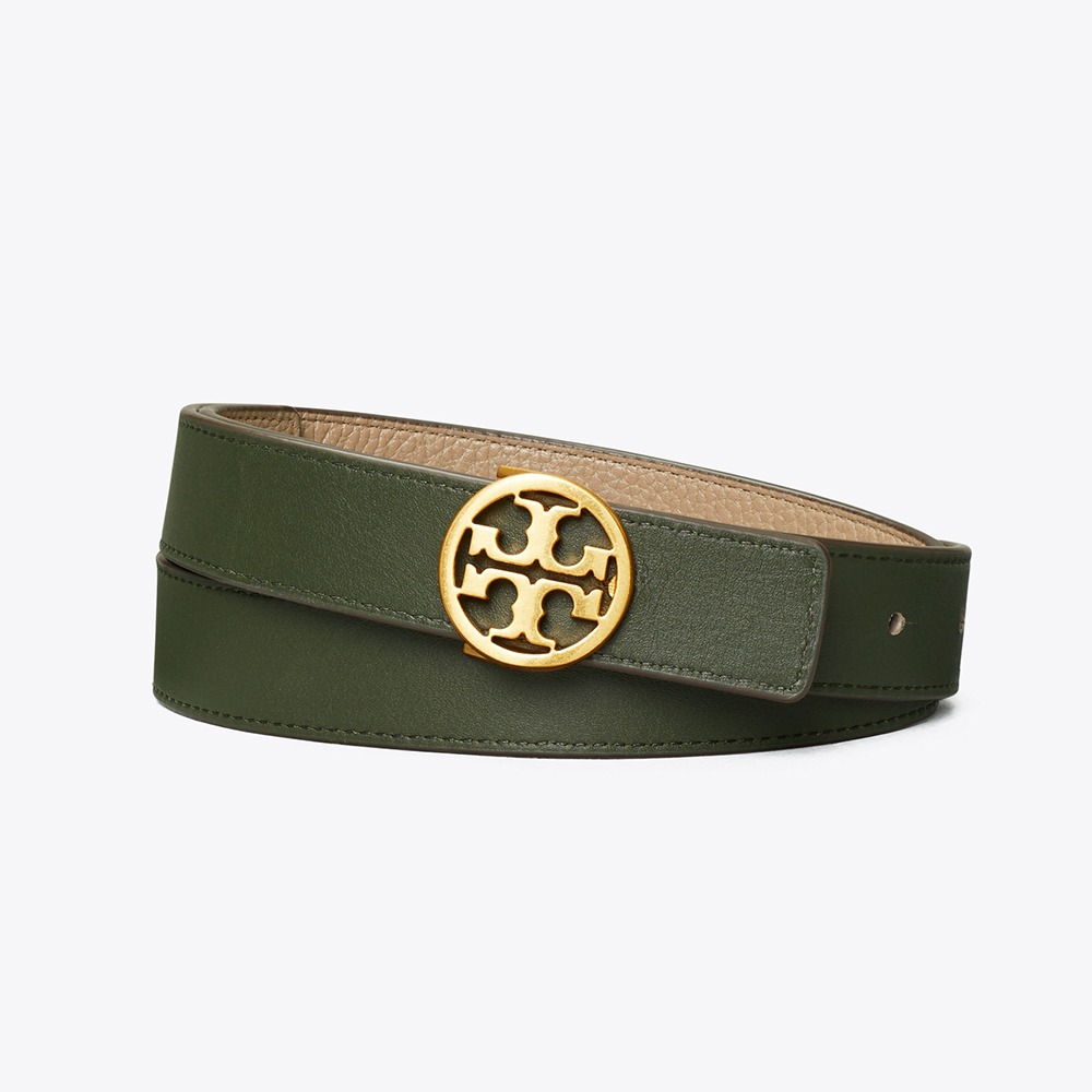 【TORY BURCH】經典雙T LOGO雙面皮帶-卡其/綠色-細節圖2