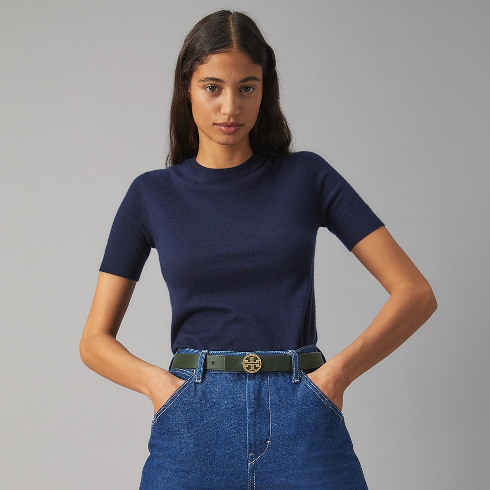 【TORY BURCH】經典雙T LOGO雙面皮帶-卡其/綠色-細節圖3