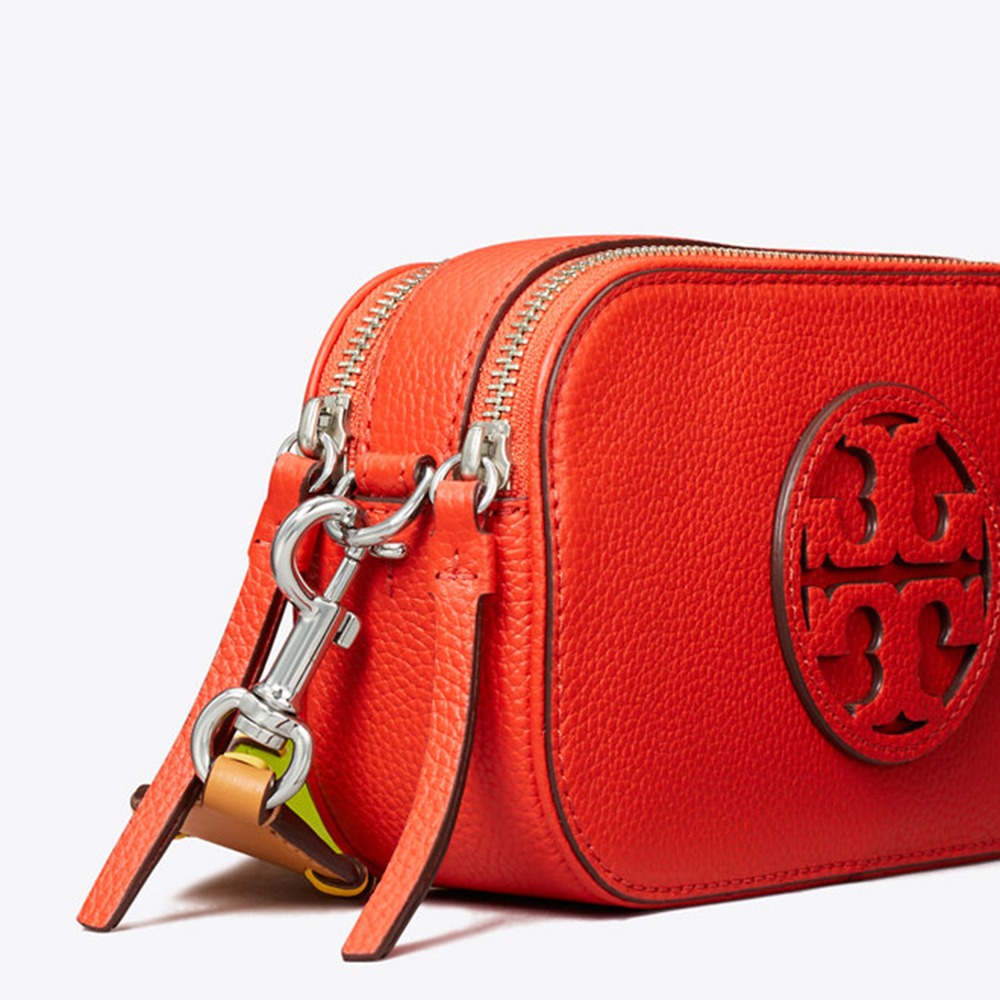 【TORY BURCH】專櫃款Miller編織背帶雙拉鍊迷你斜背包-桔紅色-細節圖3
