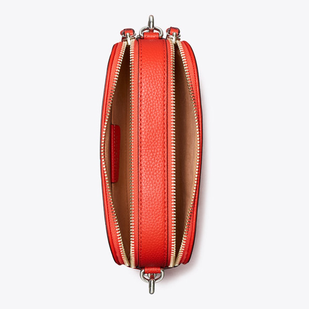 【TORY BURCH】專櫃款Miller編織背帶雙拉鍊迷你斜背包-桔紅色-細節圖4
