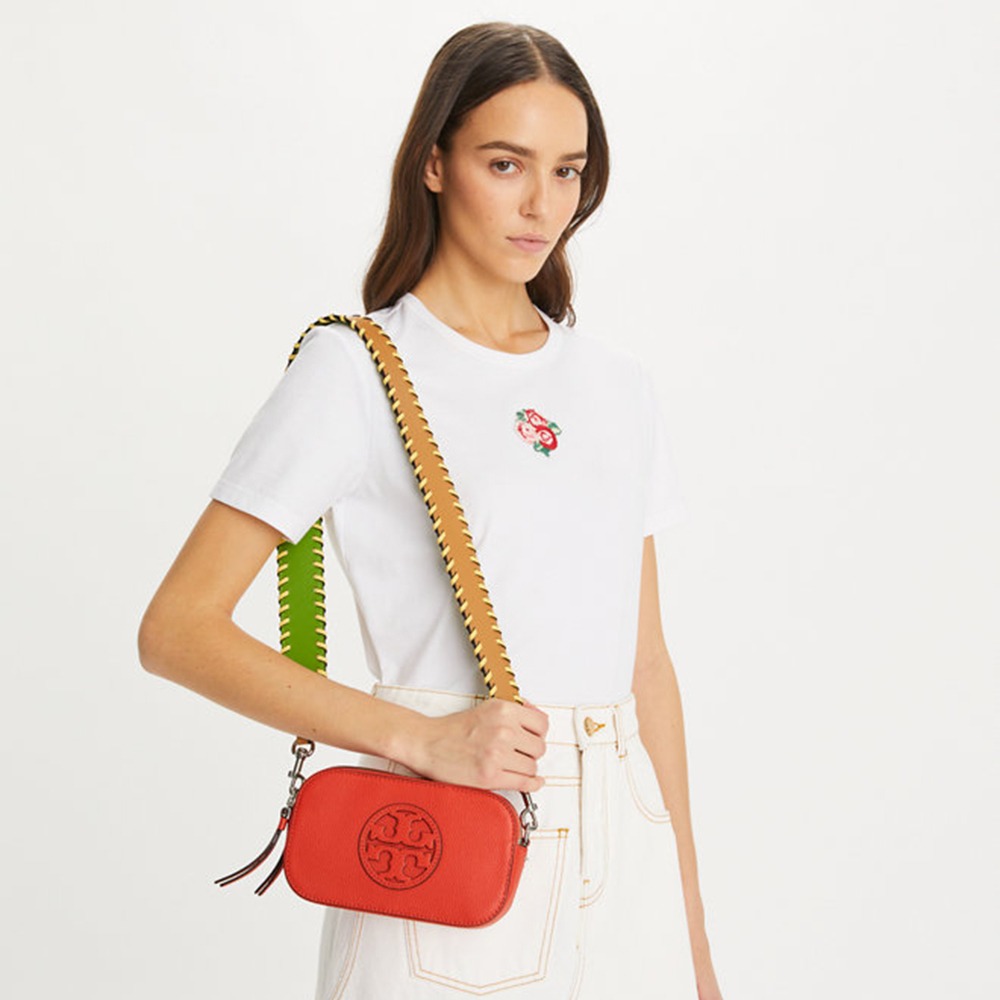 【TORY BURCH】專櫃款Miller編織背帶雙拉鍊迷你斜背包-桔紅色-細節圖5