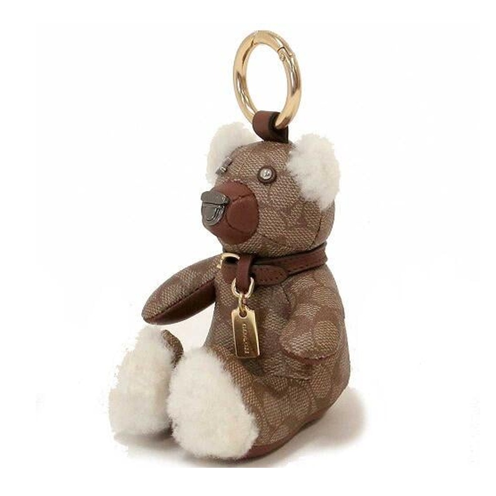 【COACH】經典LOGO印花皮革小熊坐姿吊飾-卡其白-細節圖2