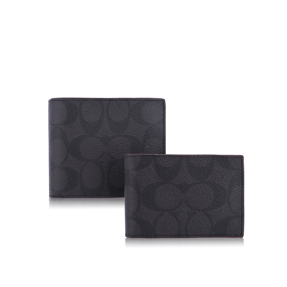 【COACH】經典款短夾+卡夾+鑰匙圈禮盒組-黑灰-細節圖2