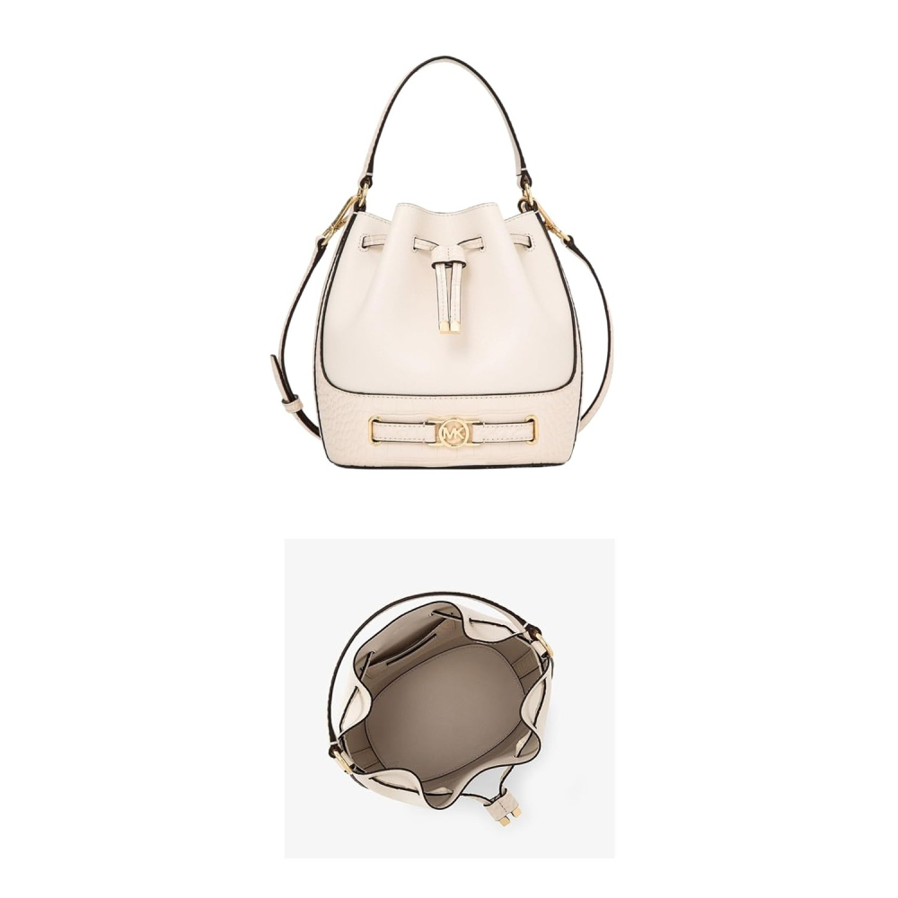 【MICHAEL KORS】蛇紋皮革拼接素面皮革兩用水桶包-白-細節圖2