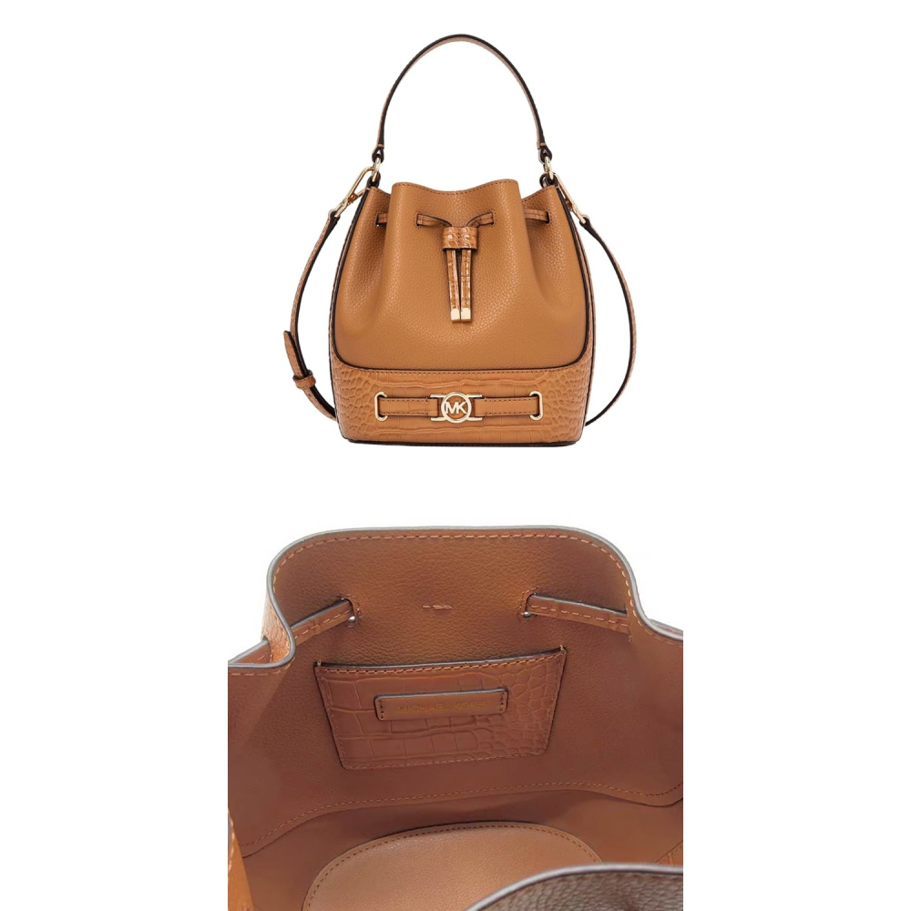 【MICHAEL KORS】蛇紋皮革拼接素面皮革兩用水桶包-焦糖-細節圖2