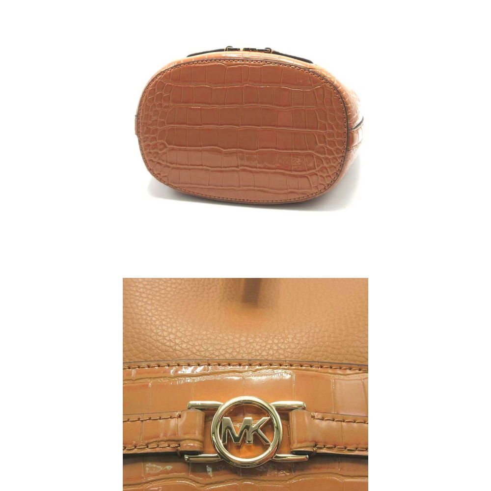 【MICHAEL KORS】蛇紋皮革拼接素面皮革兩用水桶包-焦糖-細節圖3
