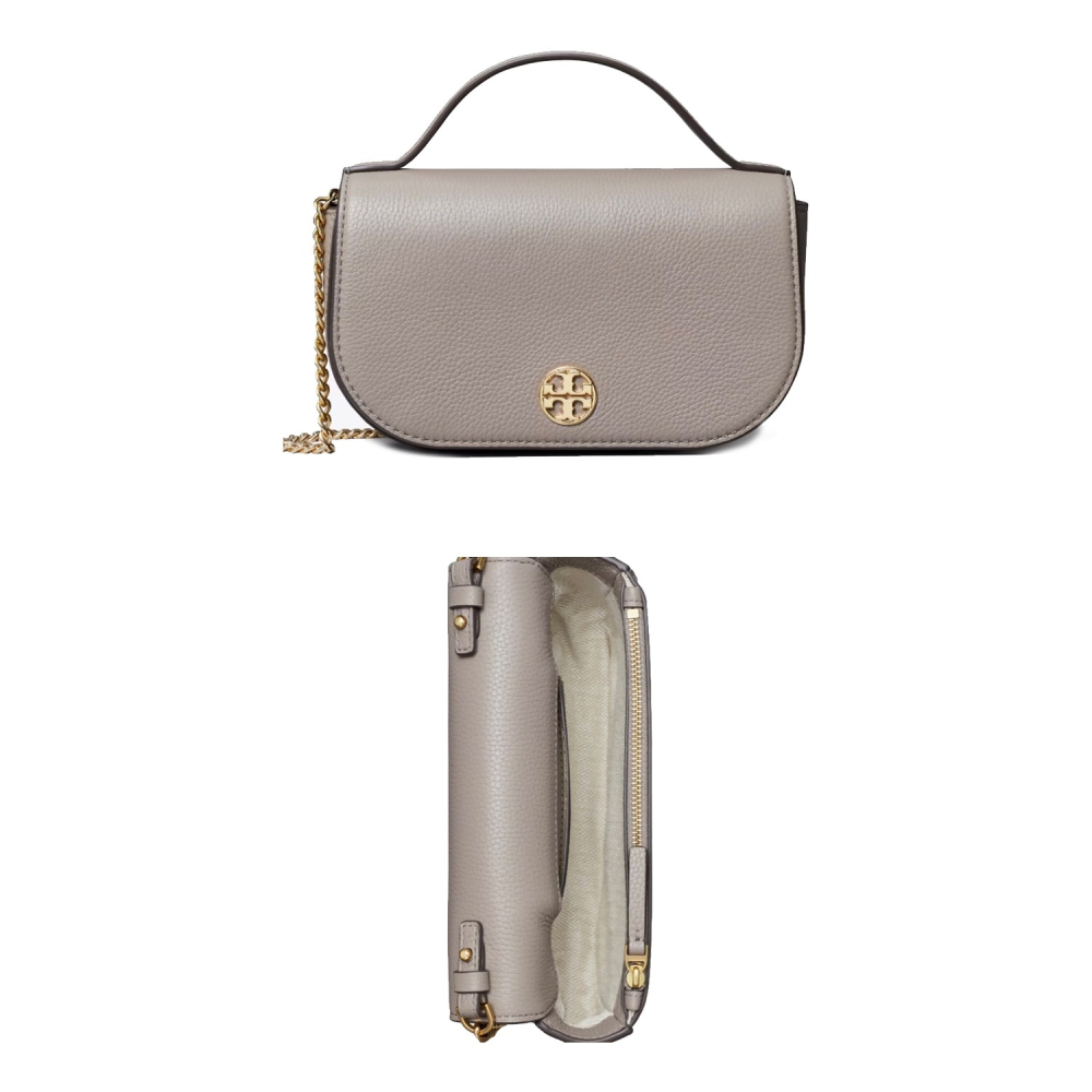 【TORY BURCH】荔枝皮革翻蓋手提/斜背包-奶茶灰-細節圖3