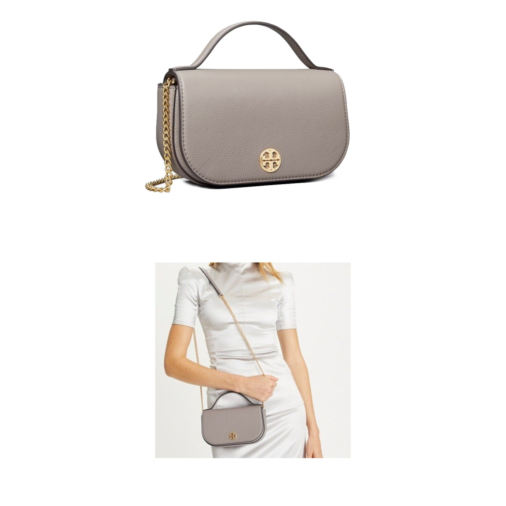 【TORY BURCH】荔枝皮革翻蓋手提/斜背包-奶茶灰-細節圖4