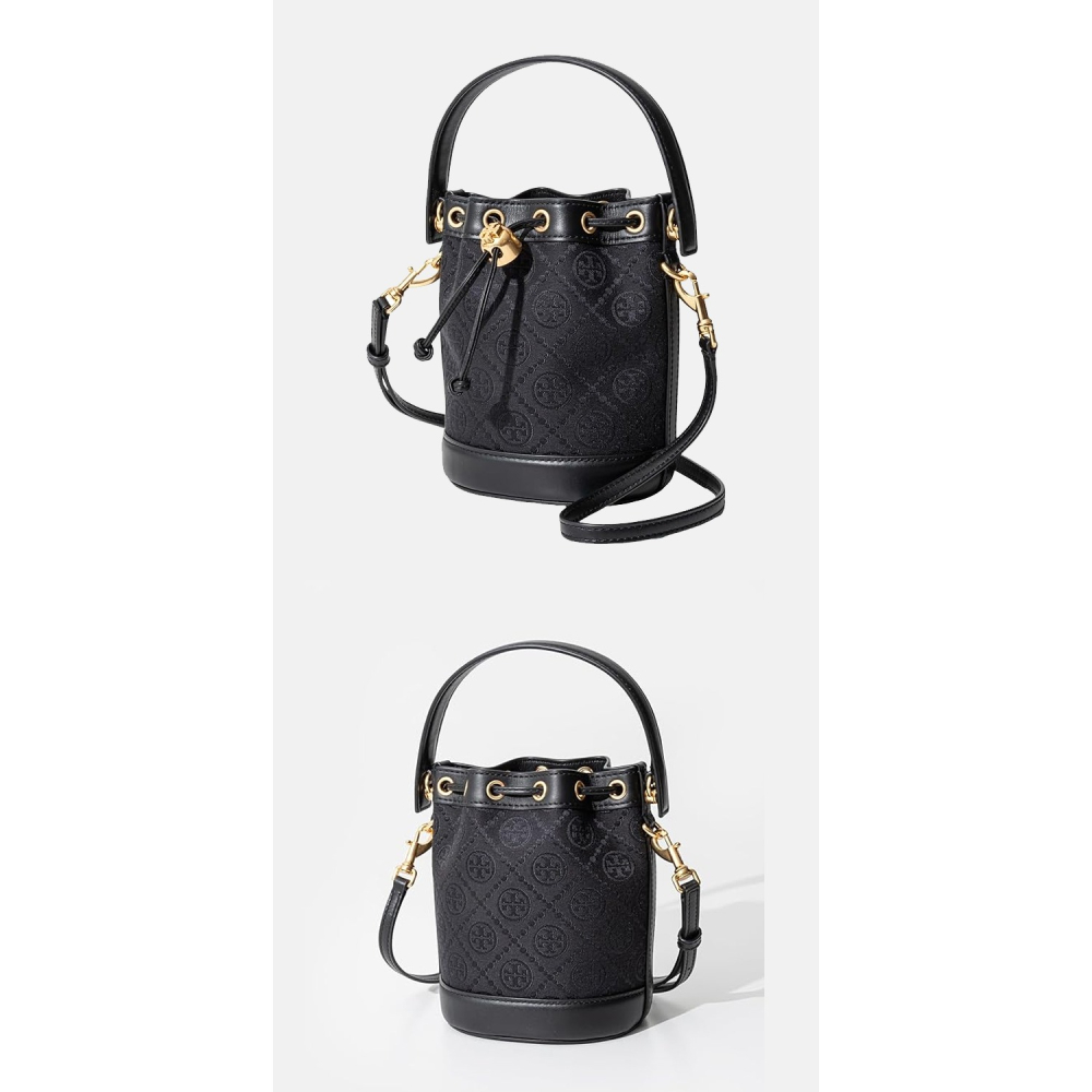 【TORY BURCH】緹花織布拼接皮革束口水桶包-黑-細節圖3