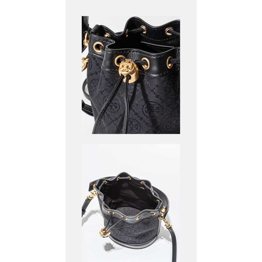 【TORY BURCH】緹花織布拼接皮革束口水桶包-黑-細節圖5