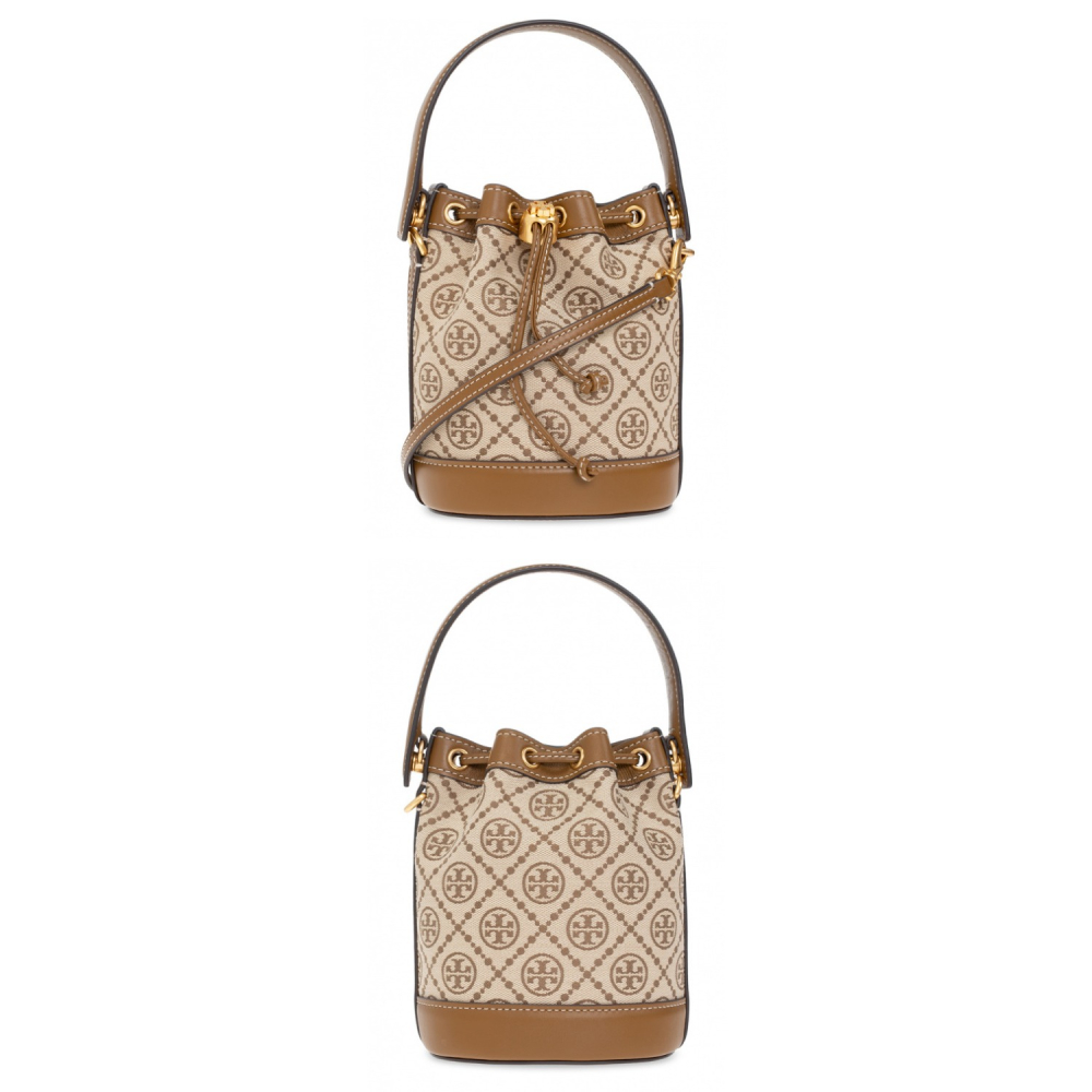 【TORY BURCH】緹花織布拼接皮革束口水桶包-卡其駝-細節圖4
