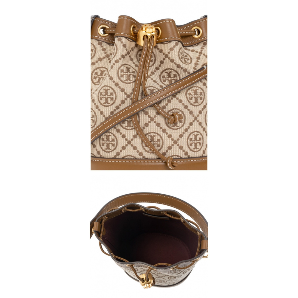 【TORY BURCH】緹花織布拼接皮革束口水桶包-卡其駝-細節圖5