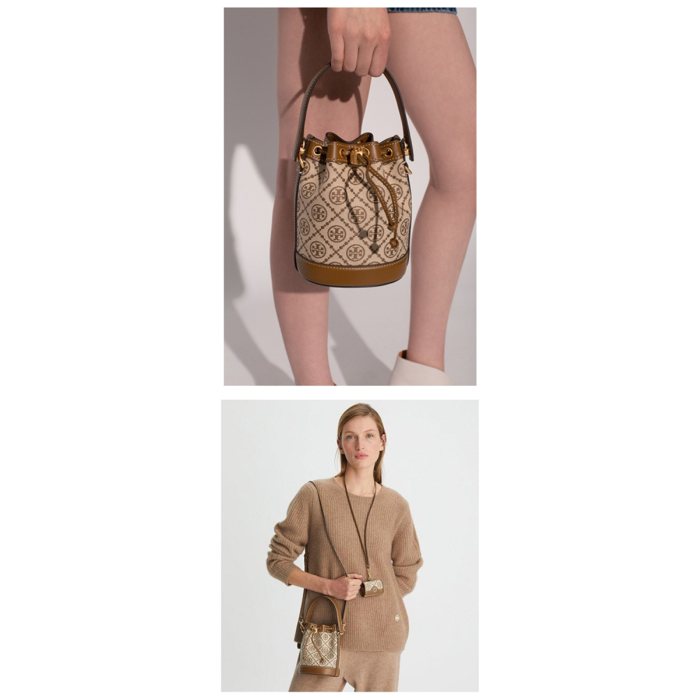 【TORY BURCH】緹花織布拼接皮革束口水桶包-卡其駝-細節圖6