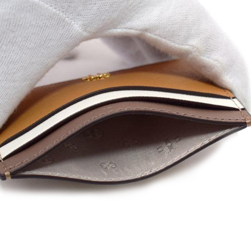 【TORY BURCH】十字紋防刮皮革卡片夾-咖白駝-細節圖2