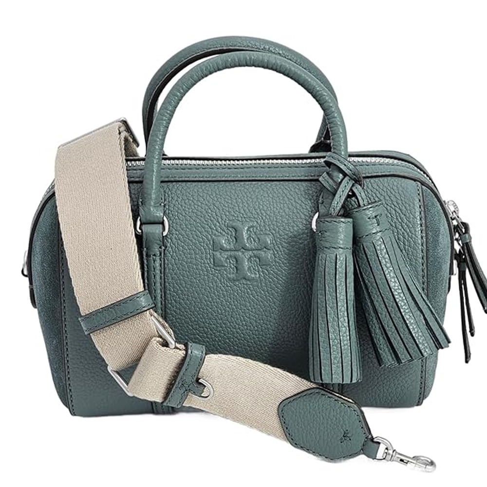 【TORY BURCH】荔枝皮革拼接麂皮流蘇兩用波士頓包-莫蘭迪綠(背帶兩款可替換)-細節圖2