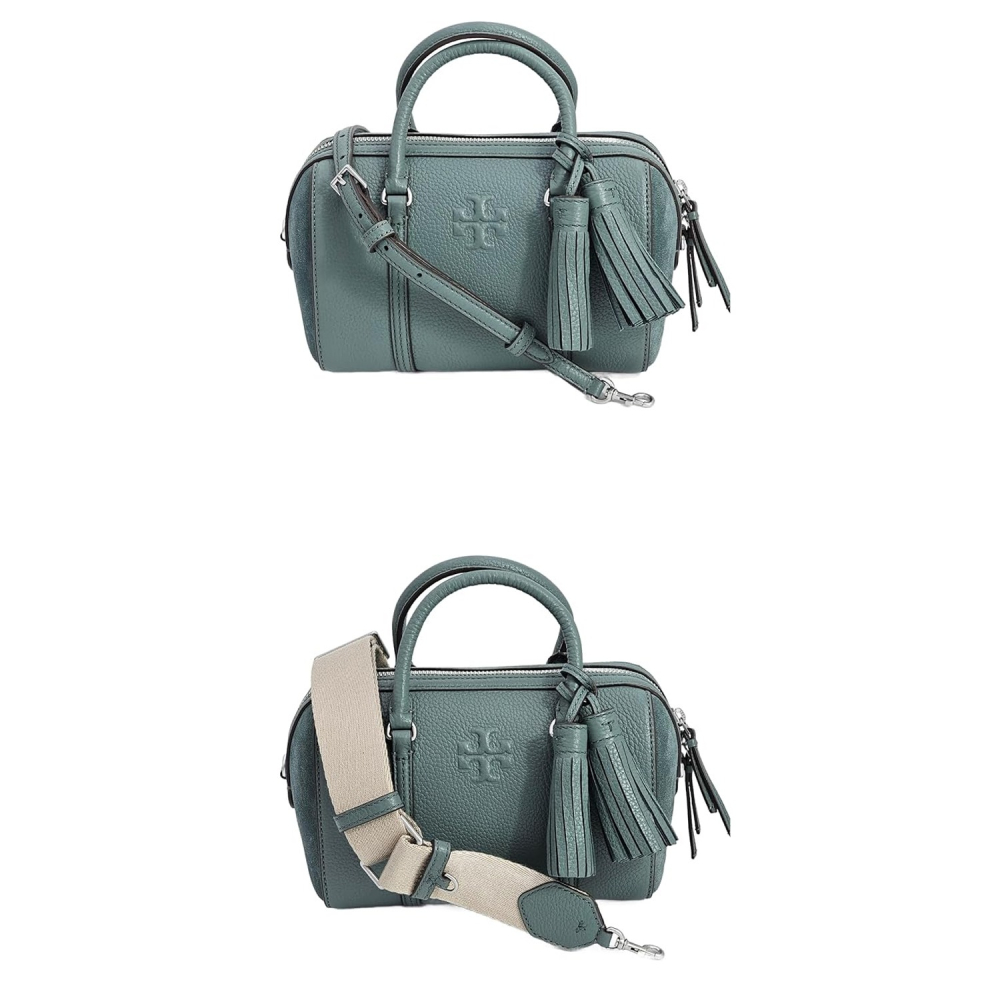 【TORY BURCH】荔枝皮革拼接麂皮流蘇兩用波士頓包-莫蘭迪綠(背帶兩款可替換)-細節圖4