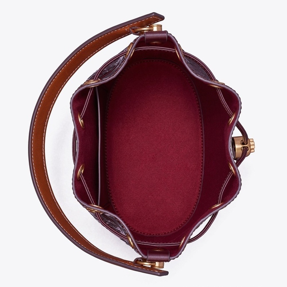 【TORY BURCH】漆皮浮雕LOGO素色束口水桶包/兩用包-酒紅-細節圖2