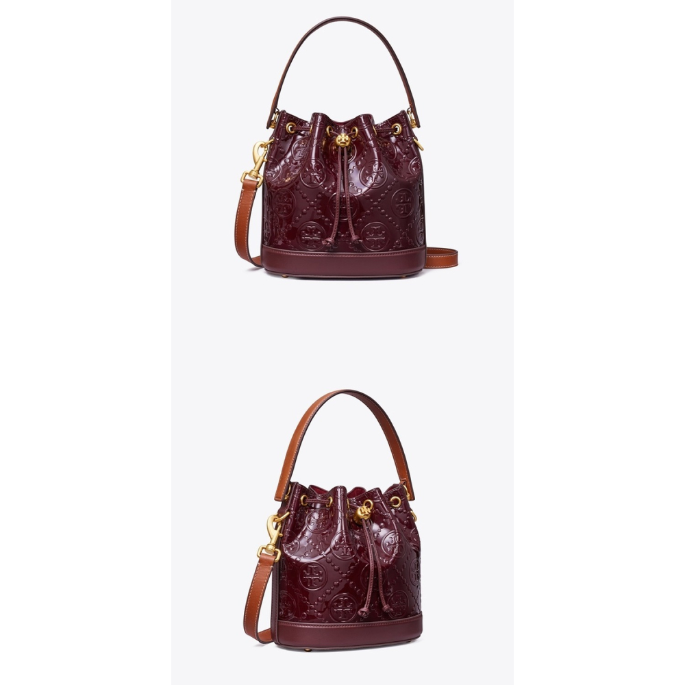 【TORY BURCH】漆皮浮雕LOGO素色束口水桶包/兩用包-酒紅-細節圖3