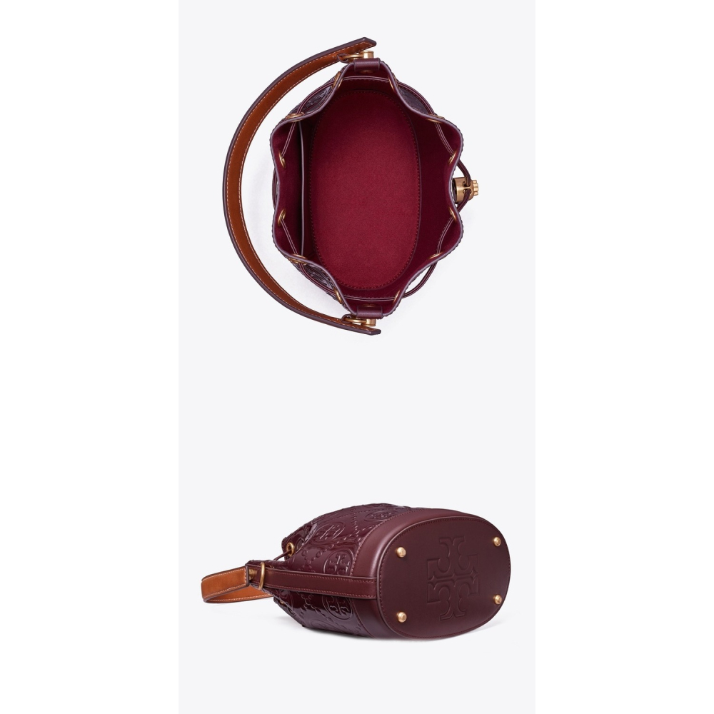 【TORY BURCH】漆皮浮雕LOGO素色束口水桶包/兩用包-酒紅-細節圖4