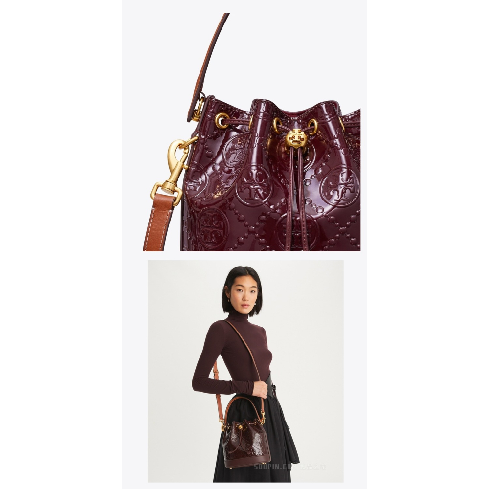 【TORY BURCH】漆皮浮雕LOGO素色束口水桶包/兩用包-酒紅-細節圖5