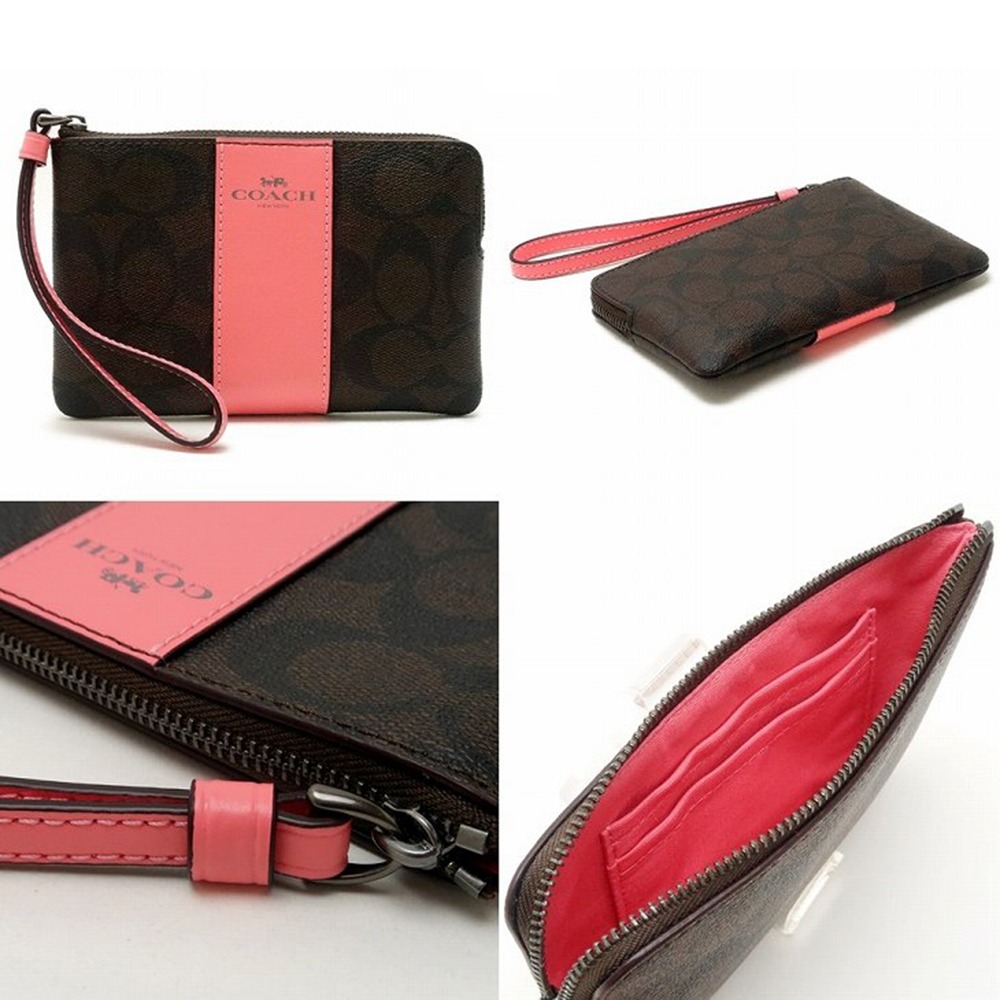 【COACH】拼接皮革L型拉鍊手拿包-咖啡胭脂粉-細節圖2