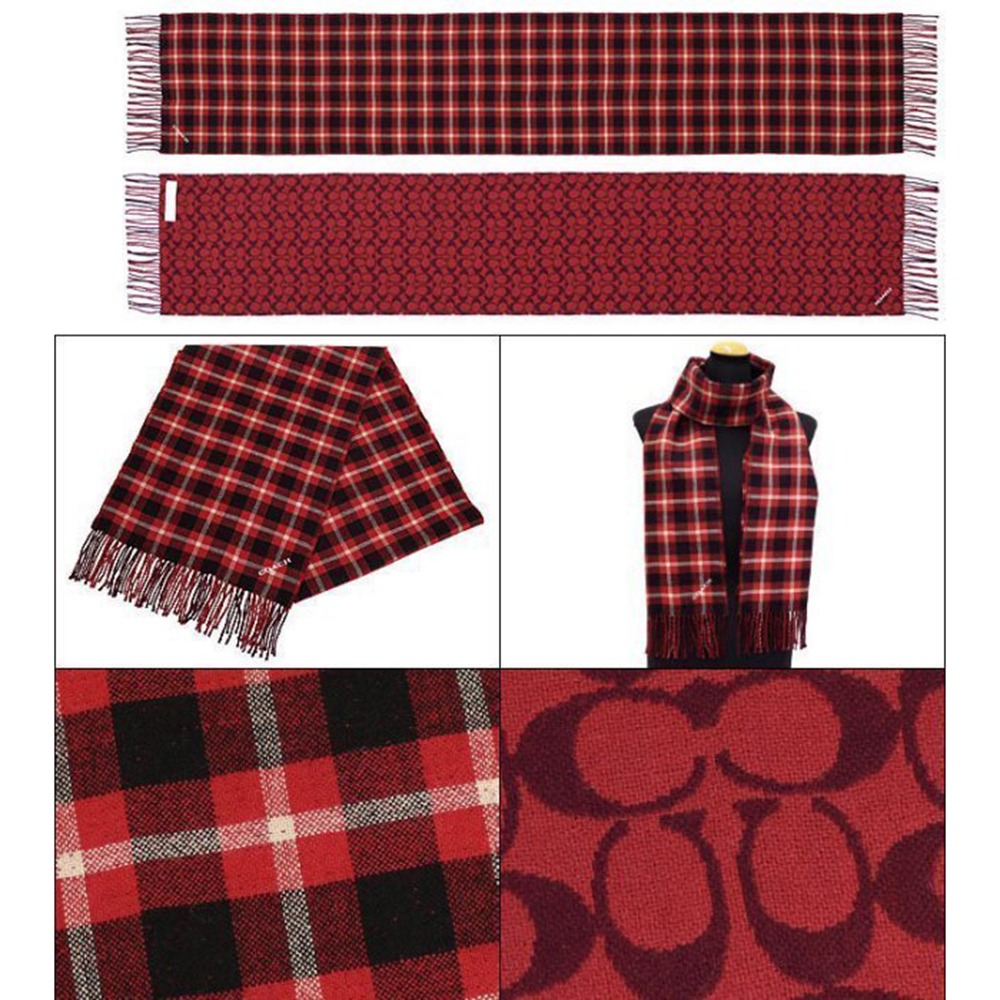 【COACH】紅黑白格紋圍巾-細節圖2