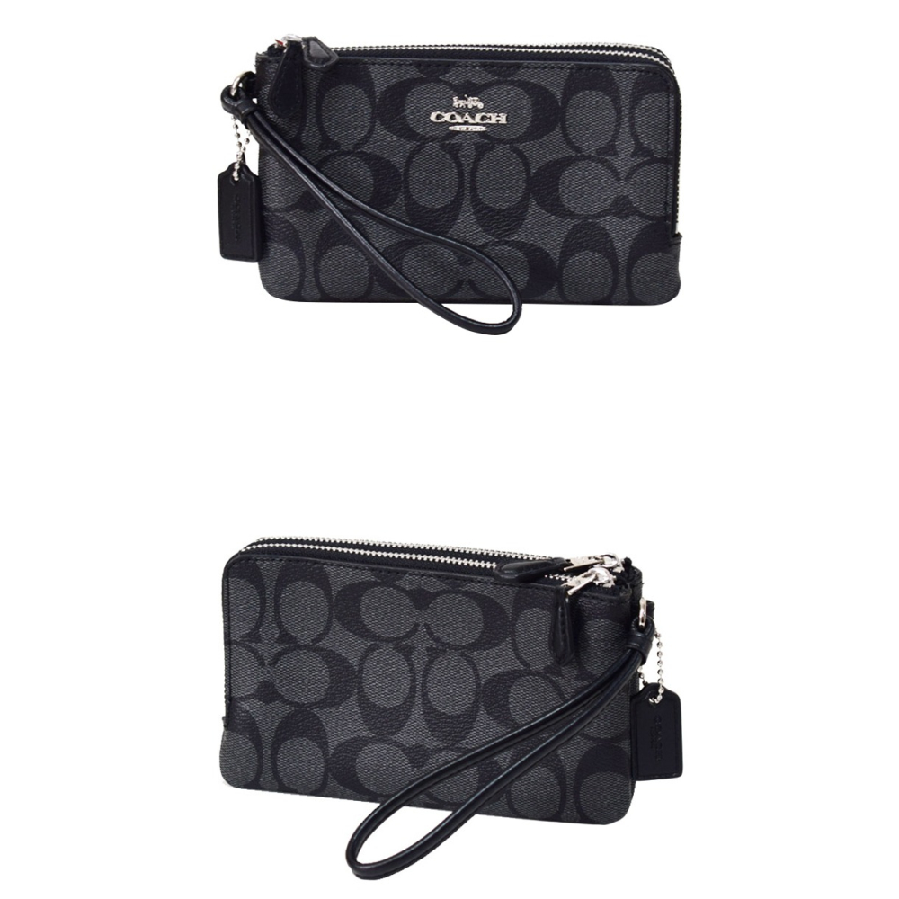 【COACH】質感皮革雙層拉鍊手掛包/手拿包-黑灰色-細節圖2