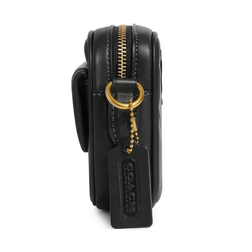 【COACH】素面皮革斜背腰包- 黑-細節圖2